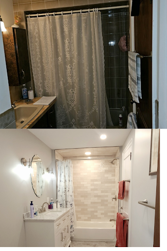 Two pictures of a bathroom with a shower, sink, and toilet