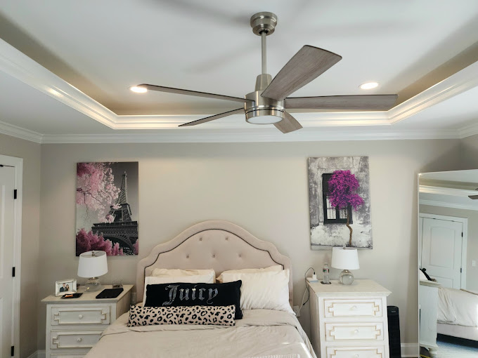 A bedroom with a bed and a ceiling fan